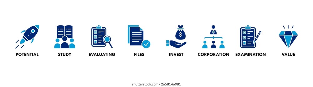 Devida diligência banner web icon vetor ilustração conceito com ícone de potencial, estudo, avaliação, arquivos, investir, corporação, exame e valor
