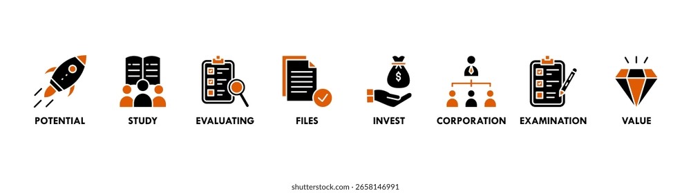 Due diligence banner web icon vector illustration concept with icon of potential, study, evaluating, files, invest, corporation, examination and value