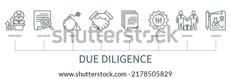 Due diligence concept with icons. Investment, evaluation, risks, deal, files, management, business, analysis. Web vector infographic in minimal outline style