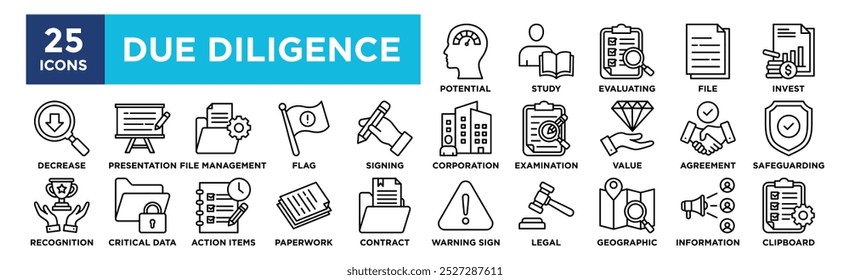 Conjunto de coleta de ícones de Devida Diligência. Contendo negócios de design, finanças, conceito, análise, financeiro, investimento