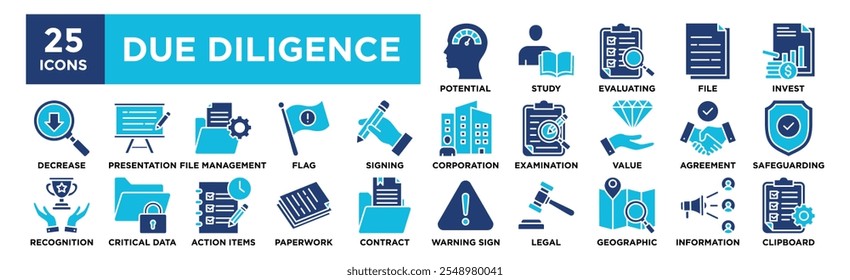 Due Diligence icon collection set. Containing design business, finance, concept, analysis, financial, investment	