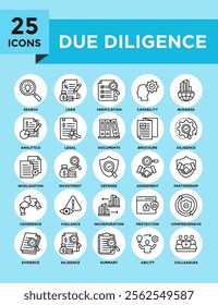 Due Diligence icon collection set. Containing design business, finance, concept, analysis, financial, investment	