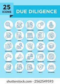 Due Diligence icon collection set. Containing design business, finance, concept, analysis, financial, investment	