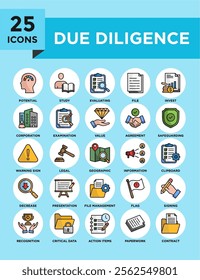 Due Diligence icon collection set. Containing design business, finance, concept, analysis, financial, investment	