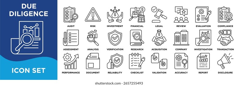 DUE DILIGENCE-Symbolsammlung. Enthaltend Audit, Compliance, Risiko, Bewertung, Investition, Finanzen, Recht, Überprüfung, Bewertung, Untersuchung Symbol. Einfacher Linienvektor.	