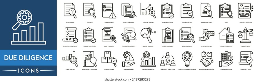 Due diligence icon. Investigation, Research, Risk Assessment, Legal Examination, Financial Analysis, Compliance Check, Document Review, Background Check, Audit and Contract Inspection icon set.