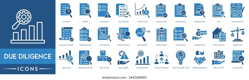 Icono de diligencia debida. Investigación, Investigación, Evaluación de Riesgos, Examen Jurídico, Análisis Financiero, Verificación de Cumplimiento, Revisión de Documentos, Verificación de Antecedentes, Auditoría e Inspección de Contratos.