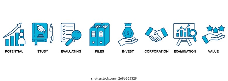 Conjunto de iconos de diligencia debida Concepto de diseño plano azul monocromo para potencial, estudio, evaluación, archivos, inversión, corporación, examen y valor