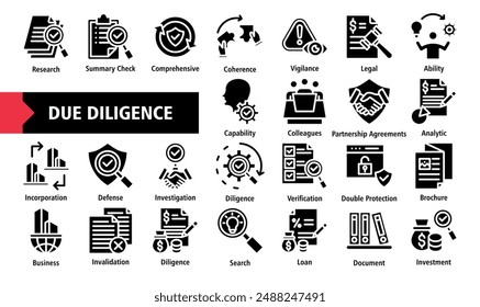 Due Diligence Icon Set. containing Research, Comprehensive, Coherence, Vigilance, Ability, Capability, Colleagues, Diligence, Business, Loan Icons. Simple Flat Vector