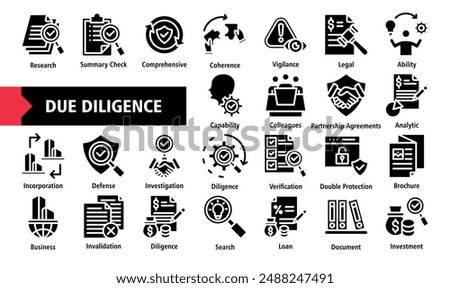 Due Diligence Icon Set. containing Research, Comprehensive, Coherence, Vigilance, Ability, Capability, Colleagues, Diligence, Business, Loan Icons. Simple Flat Vector