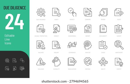 Due Diligence Line Editable Icons set. Vector illustration in a modern thin line style of documents related: inspecting, review, confirm, and more. Isolated on transparent background.