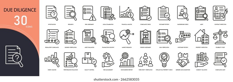 Colecciones de íconos relacionadas con la diligencia debida. Incluye documentos, listas de comprobación, informes, investigaciones, análisis, datos, leyes, cumplimiento e iconos de auditoría. Iconos de contorno.