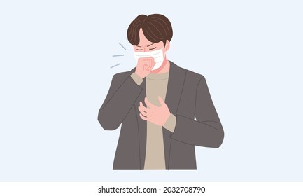 Due to diseases such as viruses and influenza,
This is a sad man coughing with a mask on.
A hand-drawn vector-style illustration.