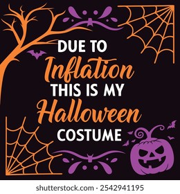 DUE TO INFLATION THIS IS MY HALLOWEEN COSTUME'' typography poster design black background horror, HALLOWEEN color themed