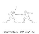 duel, Abstract two swordsmen, sword fencing, sports ,continuous one line art hand drawing sketch