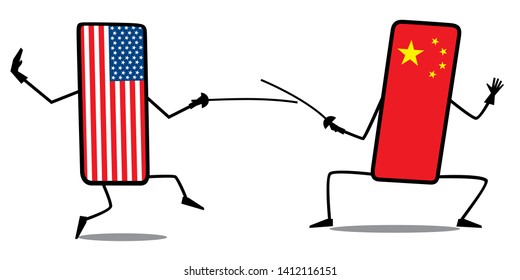 Duel between American and Chinese phone. Duel with swords. Fun minimalistic graphics