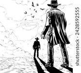 A duel between two cowboys during the sunset vector art