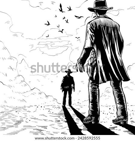 A duel between two cowboys during the sunset vector art