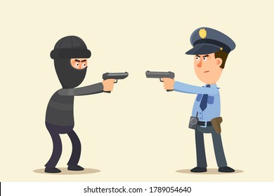 Duel and shootout cop and criminal. Policeman pointing that gun at a bandit, a bandit aims at a policeman. Police vs crime. Vector illustration, flat cartoon style, isolated.