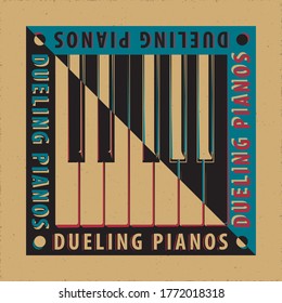 Dueling Pianos Avant Garde Poster Concept with Keys Inverted over Natural Yin Yang Style Composition and Logo Lettering - Black and White on Reverse Background - Vector Graphic Silhouette Design