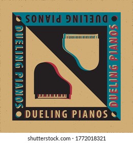 Dueling Pianos Avant Garde Poster Creative Concept with Two Grand Pianos Yin Yang Style Composition and Logo Lettering - Black and White on Reverse Background - Vector Graphic Silhouette Design