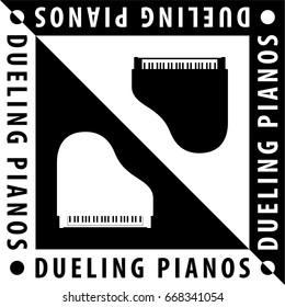 Dueling Pianos Logo Creative Concept with Two Grand Pianos Composition and Text - Black and White Elements on Reverse Background - Yin Yang Design Vector Graphic Silhouette