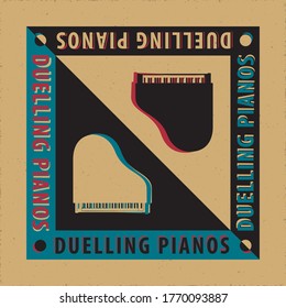 Duelling Pianos Avant Garde Poster Creative Concept with Two Grand Pianos Yin Yang Style Composition and Logo Lettering - Black and White on Reverse Background - Vector Graphic Silhouette Design