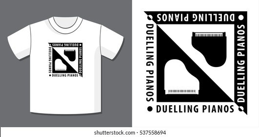 Duelling Pianos Logo Design Composition with Potential Application Example on T-Shirt Vector Template - Black and White Elements on Reverse Background - Ying Yang Flat Graphic Style