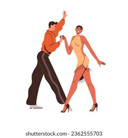 Duet couple dancers dancing samba. Happy Latin woman, man partners performing to music. Two people in movement, action, performance. Flat graphic vector illustration isolated on white background