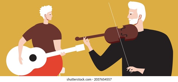 Duet of old violinists. Flat vector stock illustration. Violin playing. Hobbies and leisure. Violin as a musical instrument. Elderly couple of musicians. Creativity concept. Vector graphics