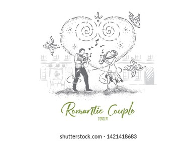 Duet playing composition together, man and woman playing saxophone, street musical performers, romantic date idea. True love, beautiful relationship concept sketch. Hand drawn vector illustration