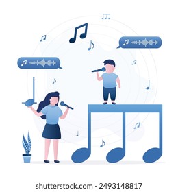 Duet of singers sing song. Children sings karaoke together. Happy friends spends fun, entertainment, weekend. Creativity, musical art. New hit on the radio or on Internet. flat vector illustration