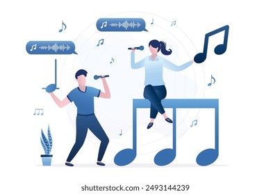 Duet of singers sing song. Love couple sings karaoke together. Happy family spends fun, entertainment, weekend. Creativity, musical art. New hit on the radio or on Internet. flat vector illustration