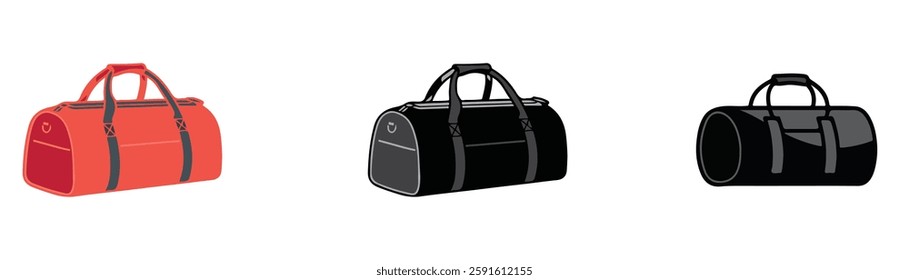 Duffel Bag vectors, A collection of duffel bag flat sketches, showcasing detailed fashion illustrations and technical templates. Sport duffle bag CAD drawings, highlighting structure and design elemen