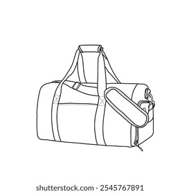 Duffle bag for women, gym bag with shoe compartement, travel bag line art flat sketch illustration drawing template mock-up. Isolated on a white background.