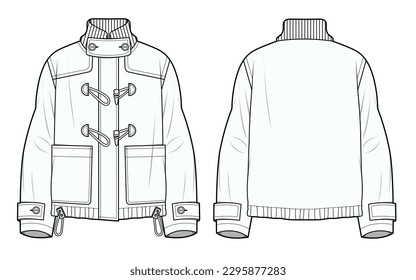 Duffle Coat Collar Ribbed, Regular Pocket, Long Sleeve, Front and Back View Flat Drawing Vector Template.