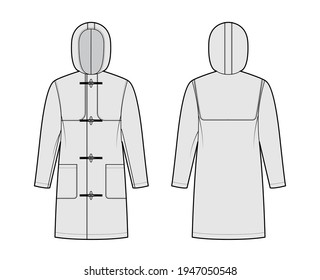 Duffle coat technical fashion illustration with hood, long sleeves, oversized, knee length, patch pockets, toggle. Flat jacket template front, back, grey color style. Women, men, unisex top CAD mockup
