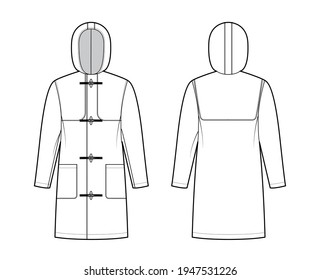 Duffle coat technical fashion illustration and hood  long sleeves  oversized body  knee length  patch pockets  toggle  Flat jacket template front  back  white color style  Women  men  top CAD mockup