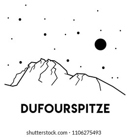 Dufourspitze peak. Switzerland, Europe. Monte Rosa mountains. Travel, tourism. Print design. Black and white vector illustration