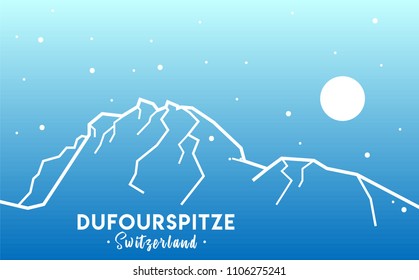 Dufourspitze peak. Vector illustration of mountains in Switzerland. Blue background.