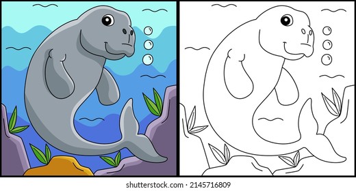 Dugong Animal Coloring Page Illustration