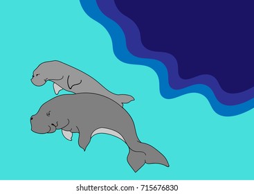 Dugong conservation, hand dawn vector illustration.
