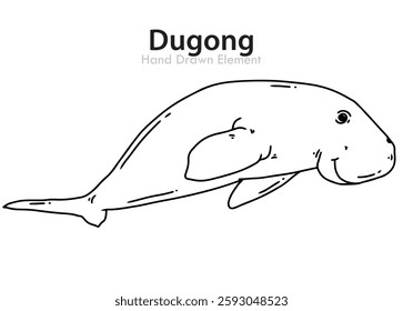 Dugong hand drawn black line sketch, vector shape, editable, coloring page, animal, ocean