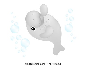 Dugong felicidad sensación y hacer burbujas bajo el mar. Caricatura vectorial de vacas marinas.