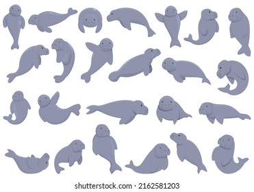 Dugong icons set cartoon vector. Water animal. Aquatic character