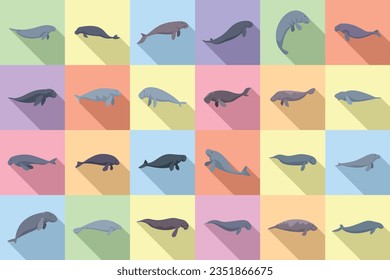 Dugong icons set flat vector. Animal diving. Marine sea