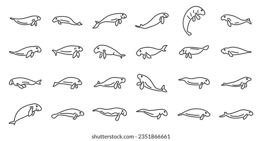 Dugong icons set outline vector. Animal diving. Marine sea