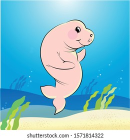 Dugong Vector With Seagrass On The Background, Blue Sea, Manatee Cartoon Under Blue Ocean. - Vector