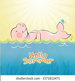 Dugong Vector With Seagrass On The Blue Sea Background. Manatee Cartoon Under Blue Ocean. - Vector