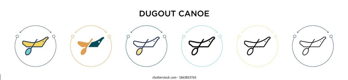 Dugout canoe icon in filled, thin line, outline and stroke style. Vector illustration of two colored and black dugout canoe vector icons designs can be used for mobile, ui, web